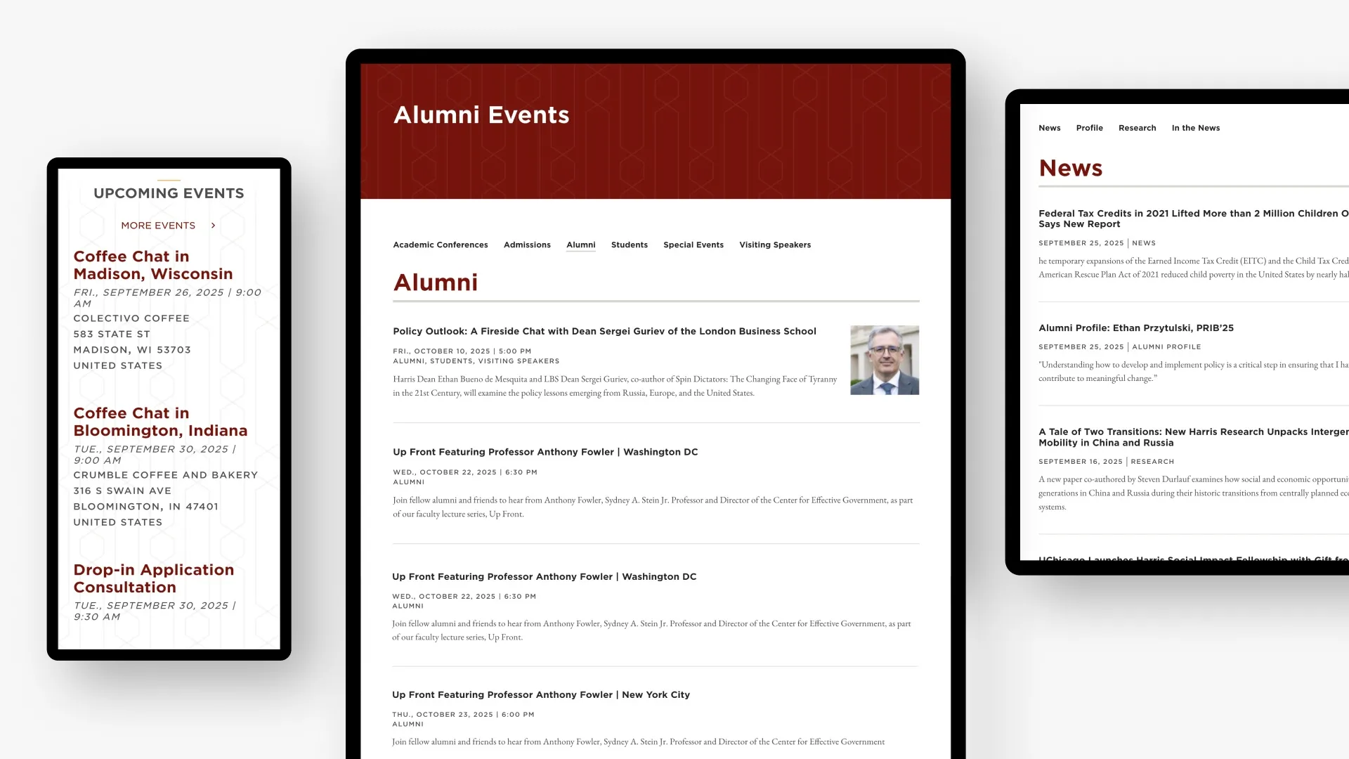 Screens within the Harris School site on mobile and tablet