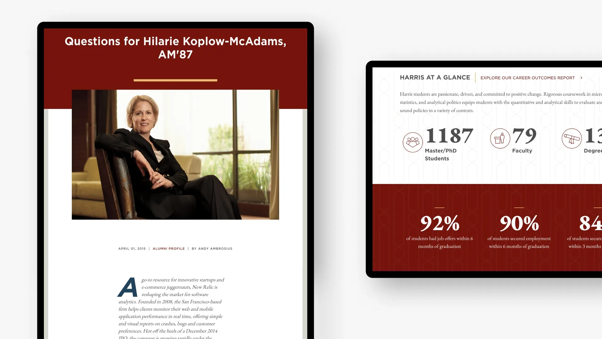 Tablet views of an alumni feature for Harris School