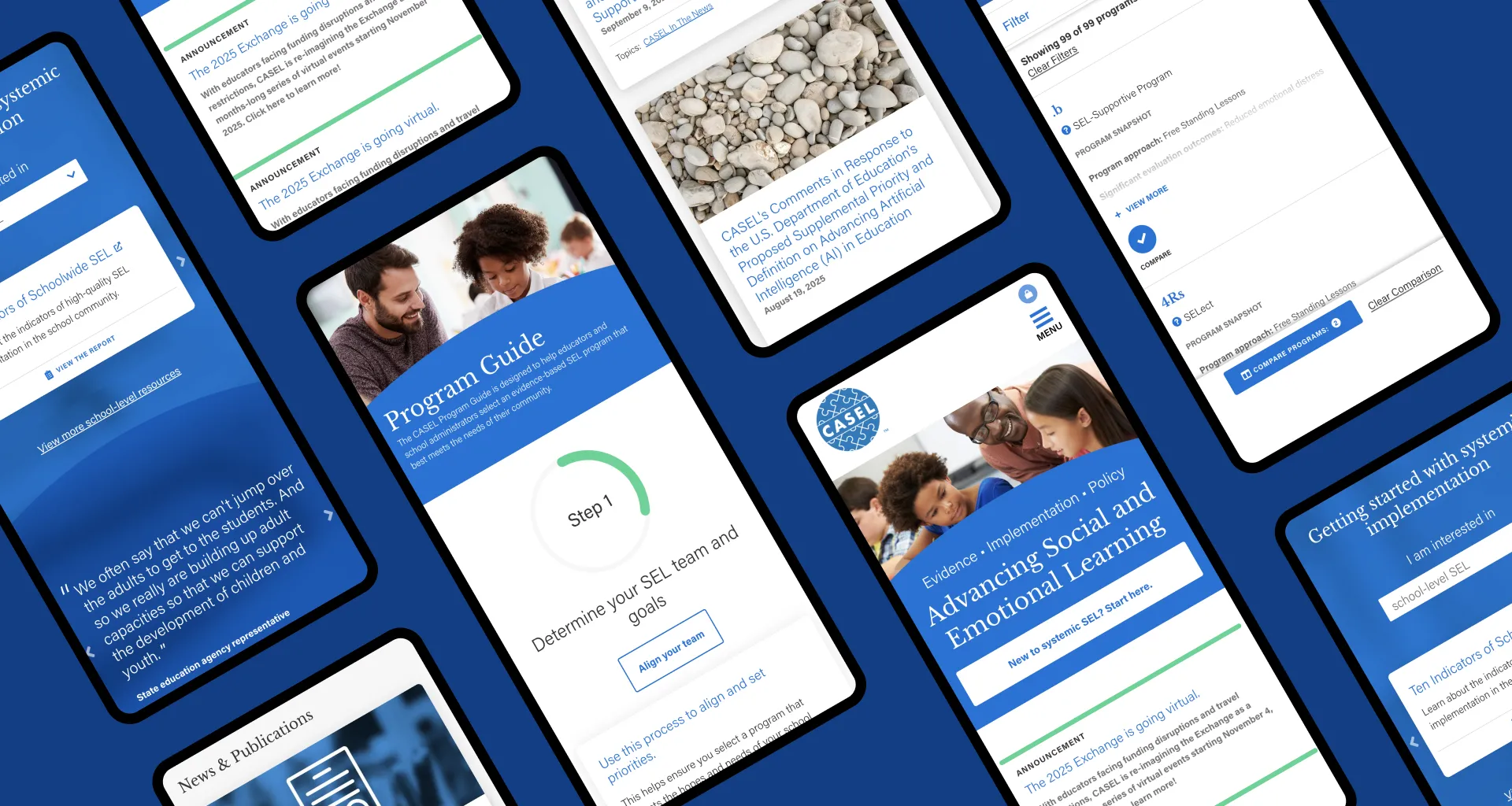Smartphones displaying blue and white health and medical app interfaces.