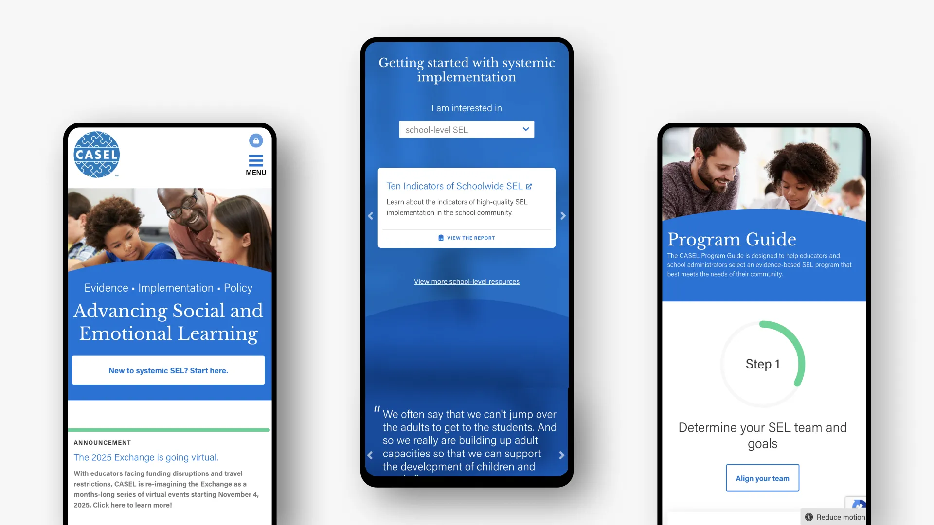 Three smartphone screens show educational app interfaces with blue and white themes.