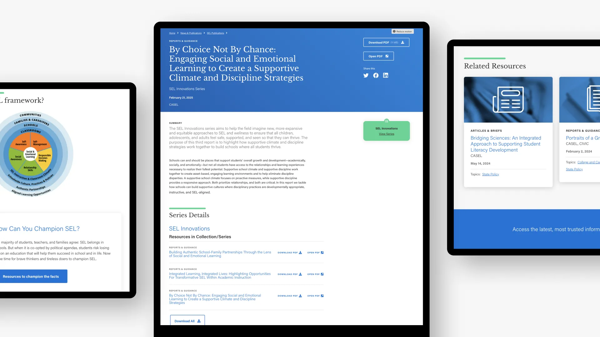 Three overlapping digital screens displaying various graphs, text, and documents.