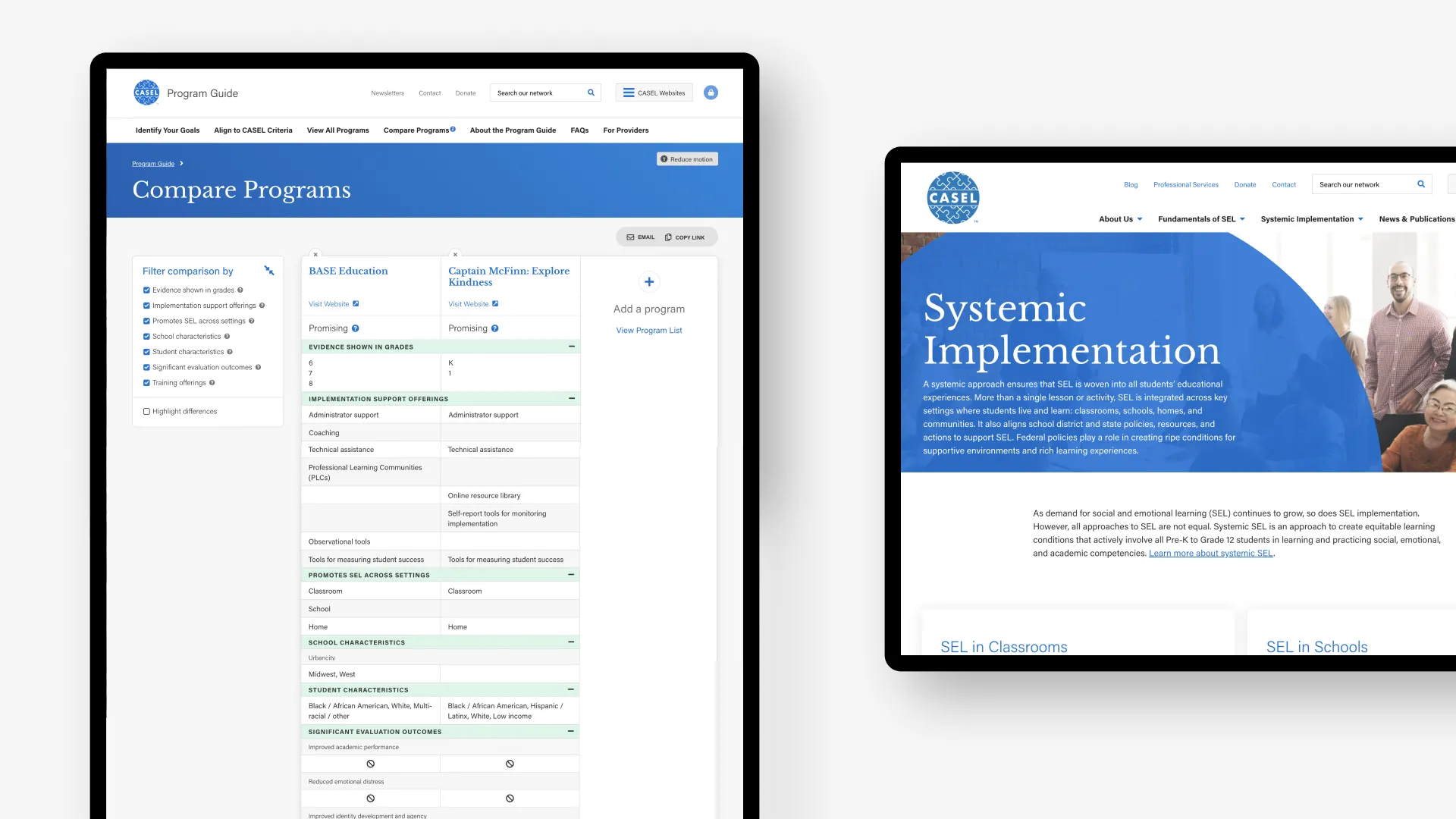 Two web pages displayed side by side, showcasing content and design.