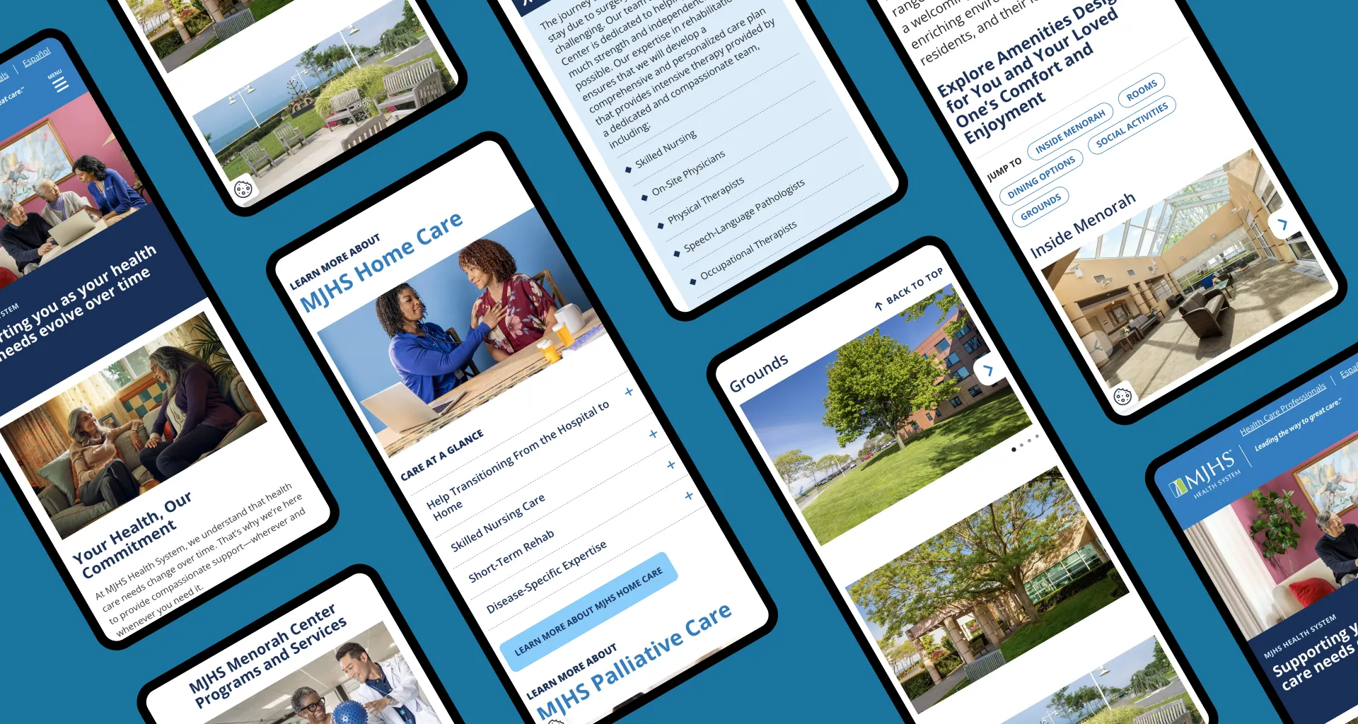 Mobile screens showing different webpage designs on a blue background.