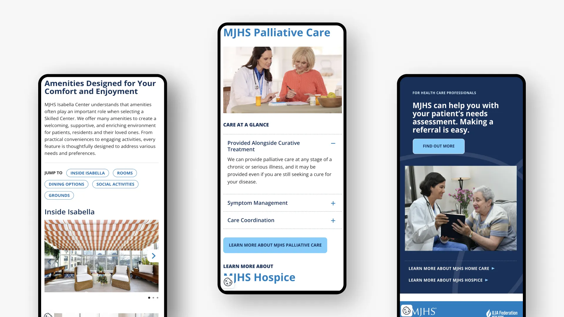 Three smartphone screens displaying healthcare content.