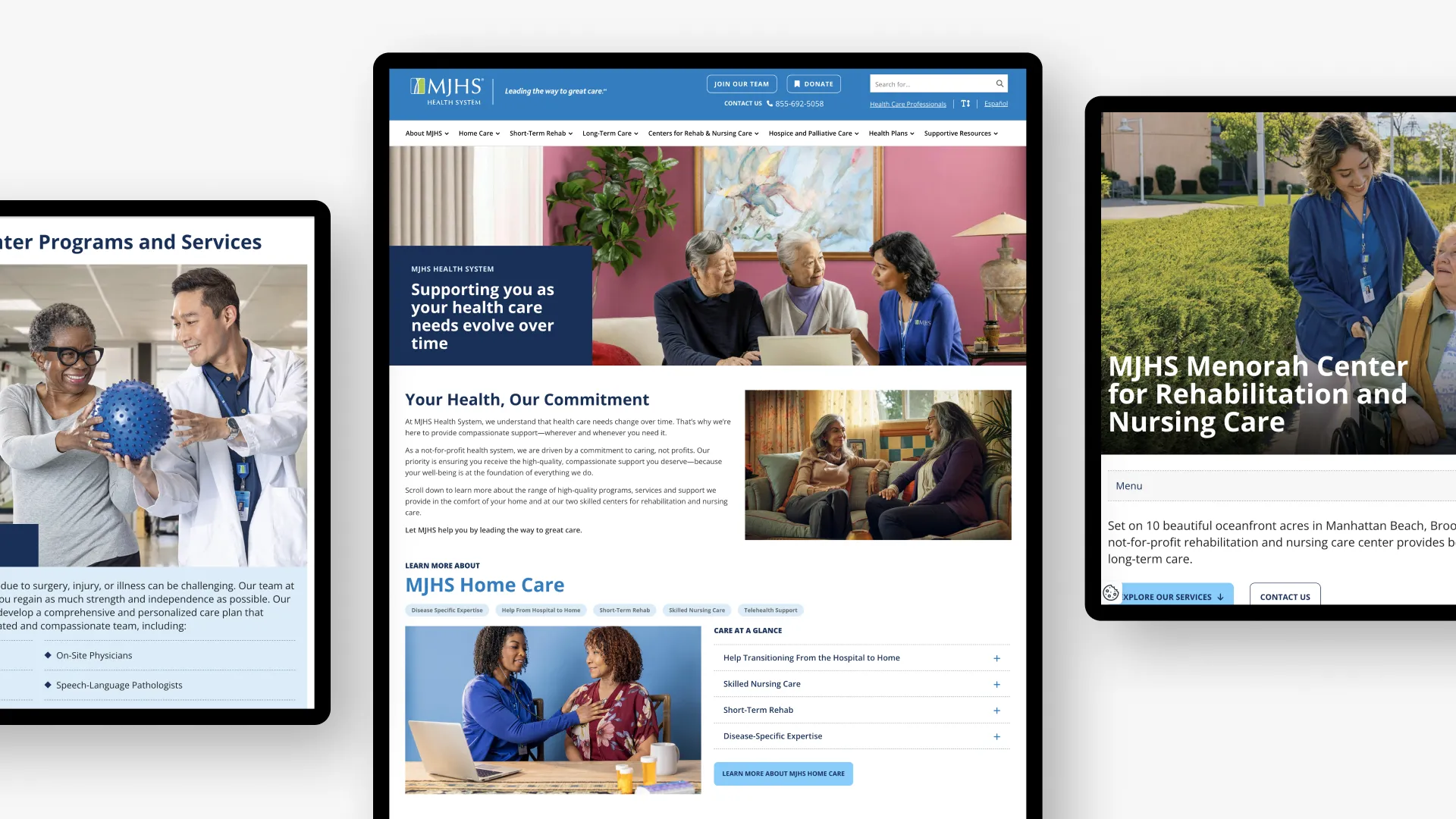 Hospital website layouts with doctors and patients, featuring health services.