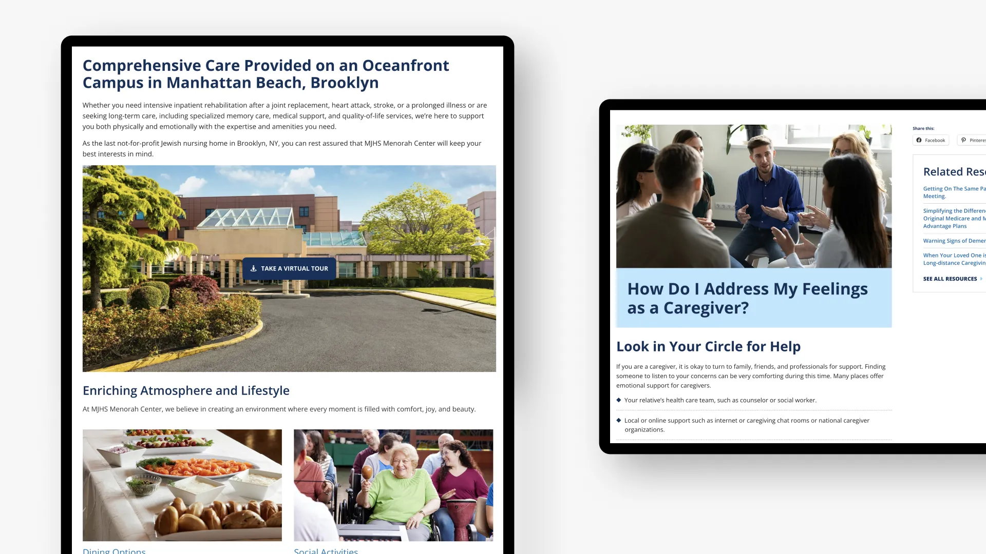 Two website thumbnails with text, building and people photos, each on a device screen.