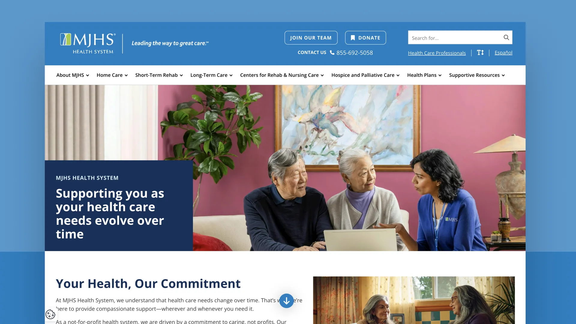 MJHS.org homepage showing three people smiling in a living room setting.