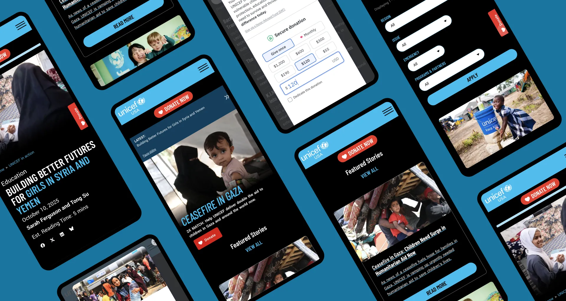 Mobile screens showcasing various news articles on a blue background.