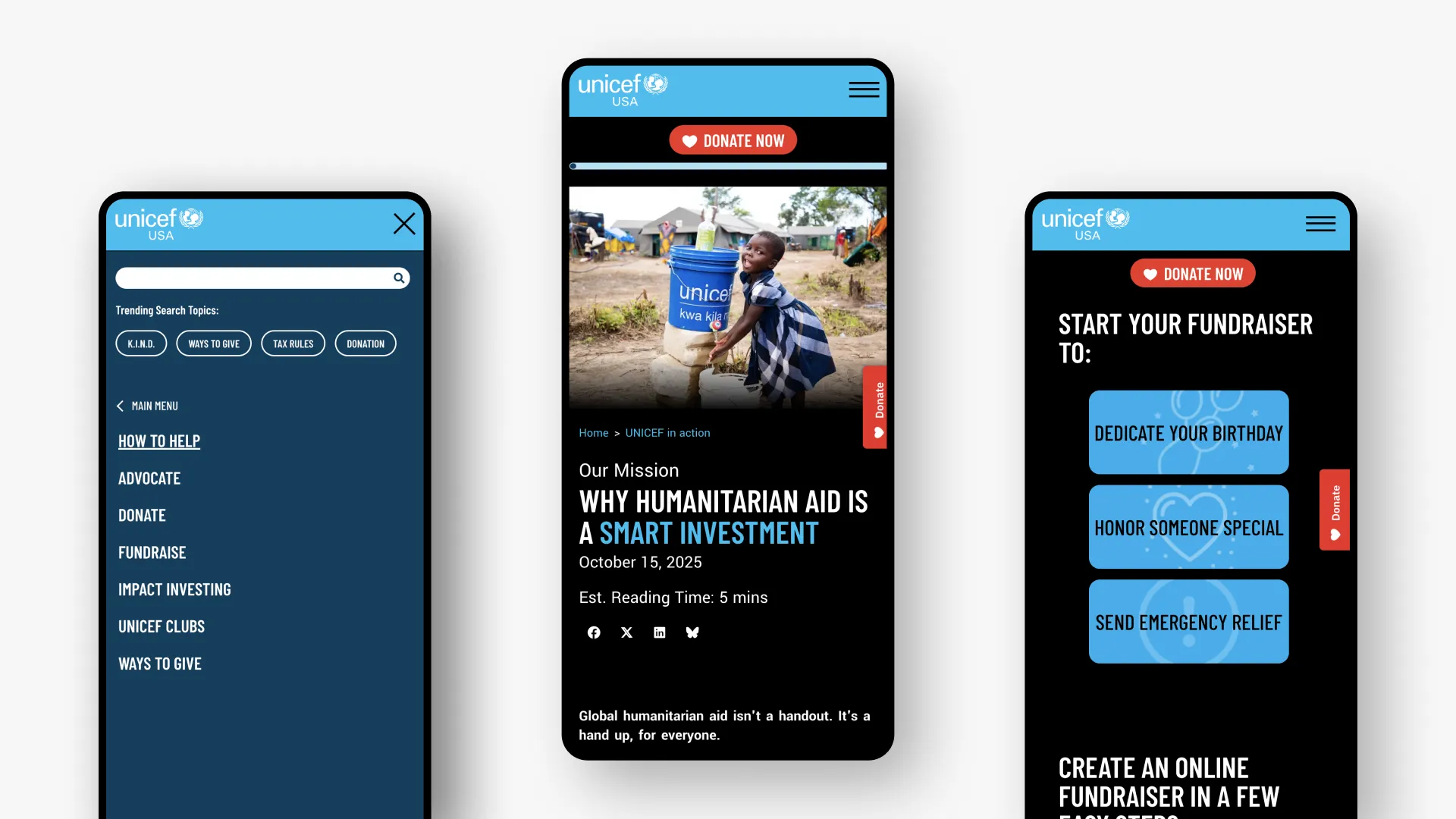 Mobile app user interface with menu, article, and donation pages.