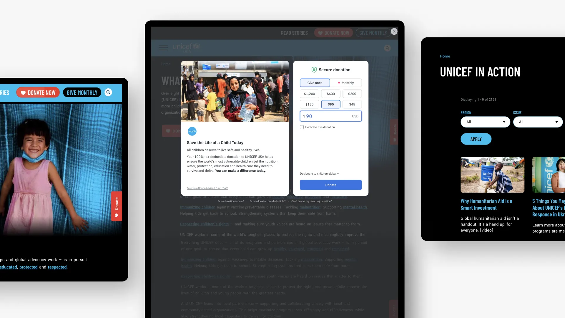 Three digital screens display various website interfaces with images and text.