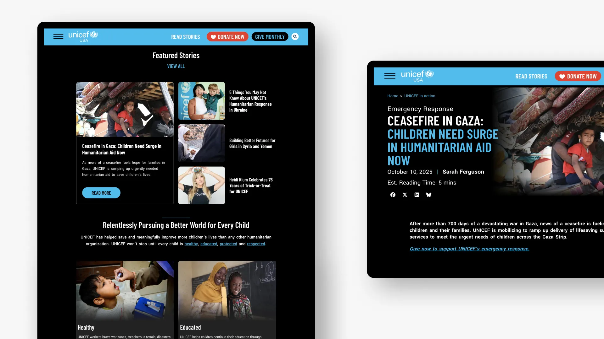 News website layout with articles and images on black background.