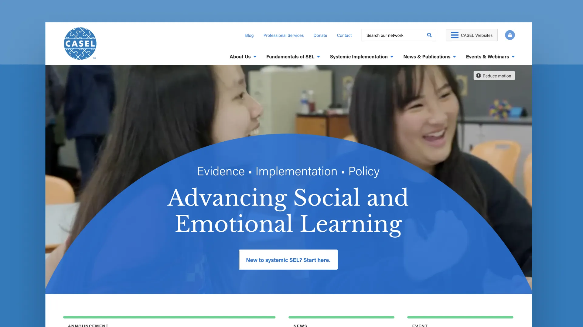 Website homepage with two people smiling and text about social and emotional learning.