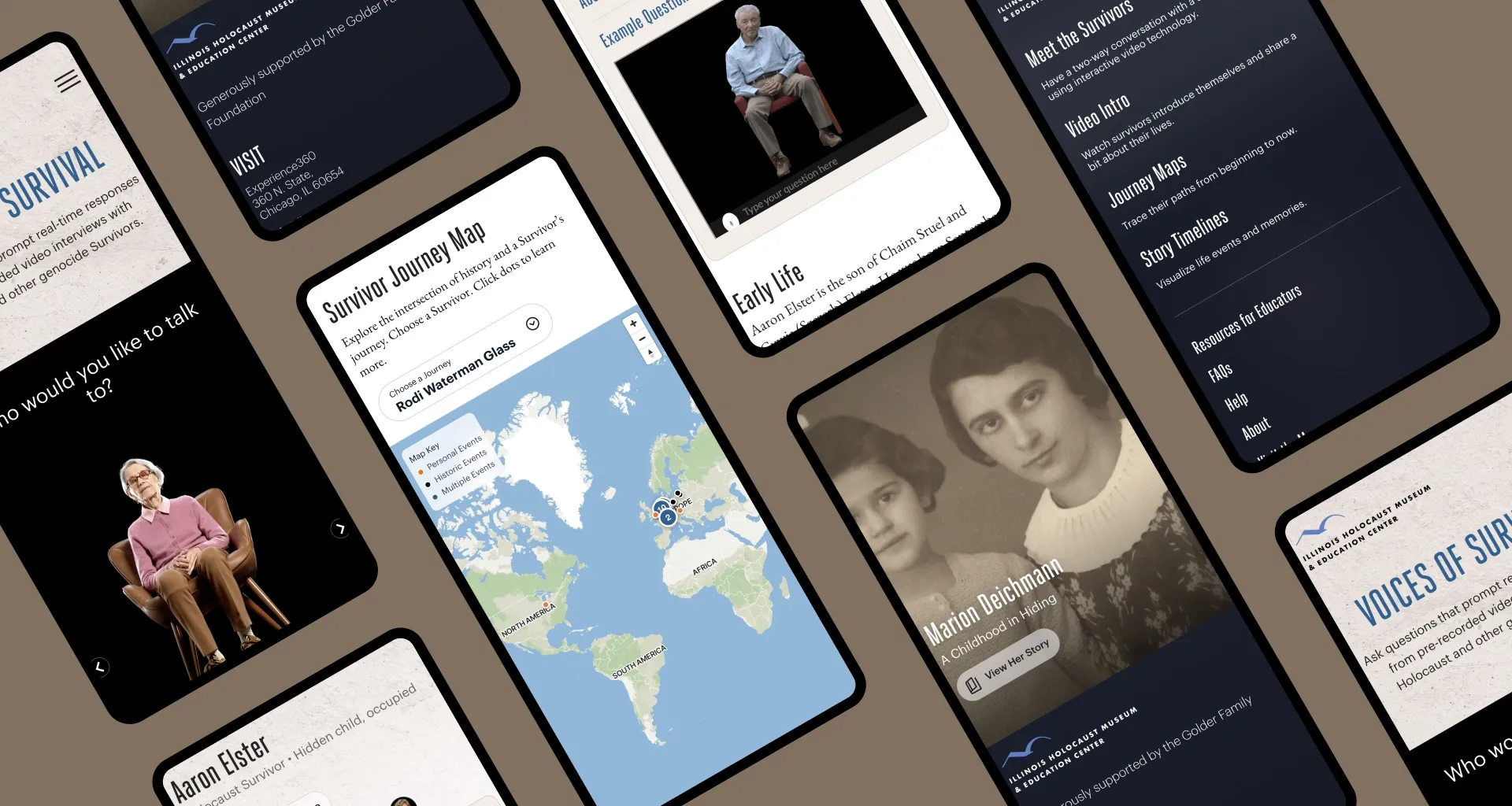Mobile screens from the Voices of Survival website showing survivor profiles, interactive interviews, and an interactive journey map.