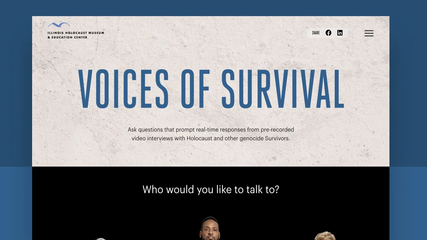 Homepage of the Voices of Survival website, featuring the title and introduction to interactive video interviews with Holocaust and genocide survivors.