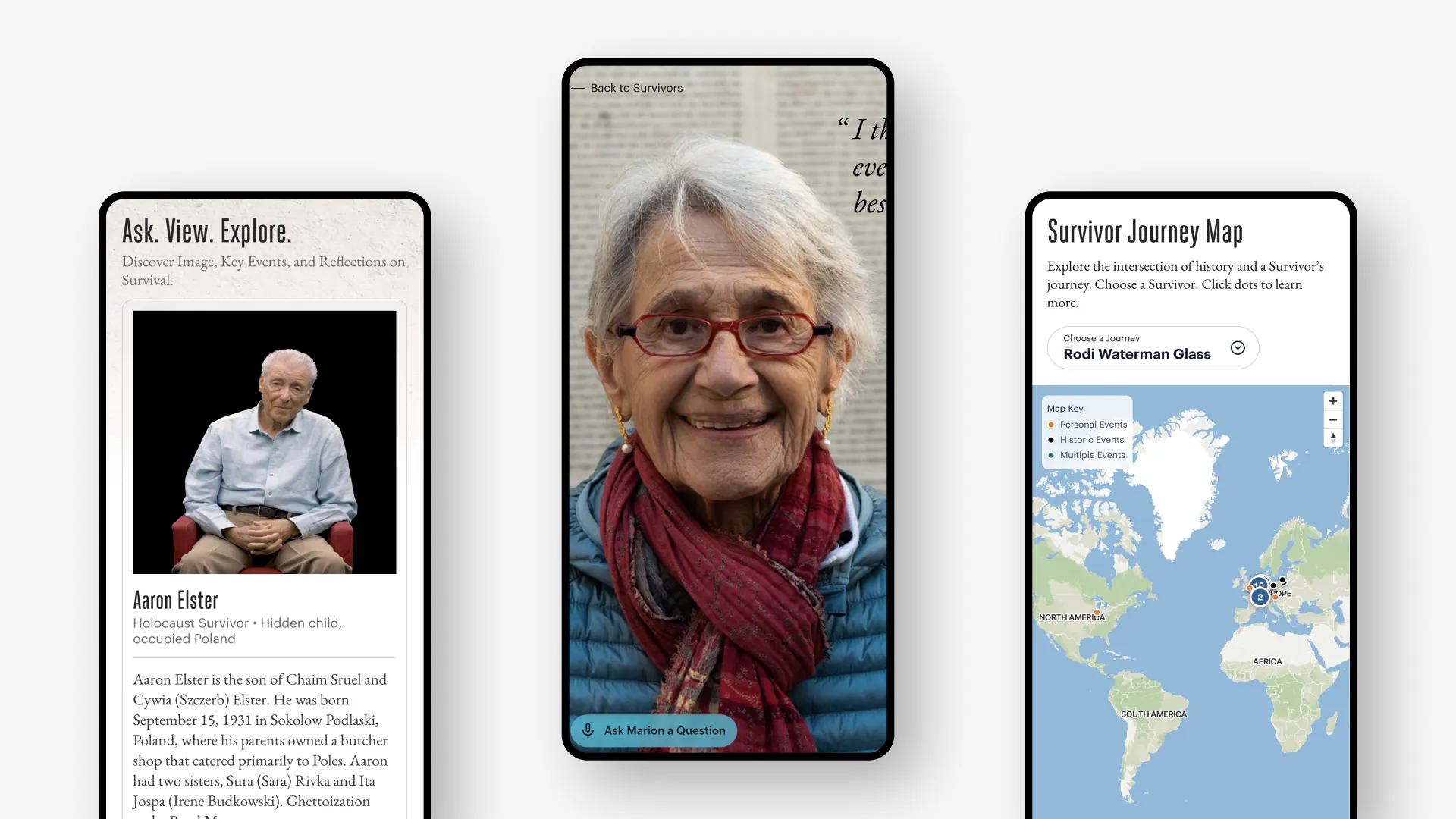 Three smartphone screens displaying a portrait of a Holocaust survivor with a prompt to ask a question, a close up of Marion Diechmann and a close up of Rodi Waterman Glass interactive map.