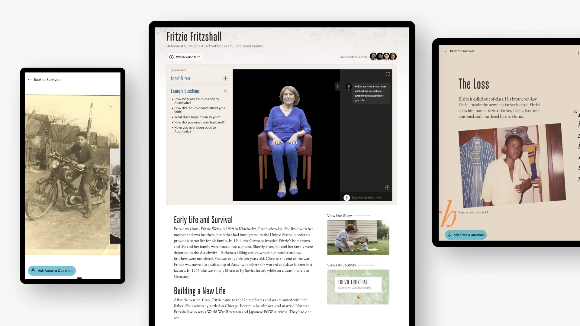 Three screens show historical photos and two tablet screens showing a survivor story page with archival photography and narrative text describing their story.