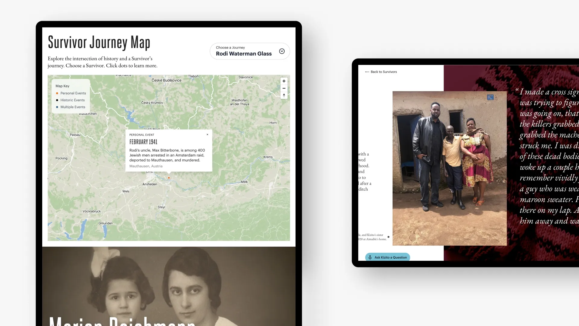 Tablet screens showing the Voices of Survival Survivor Journey Map with historical events plotted on a map alongside Kizito D. Kalima's story content and archival photographs.