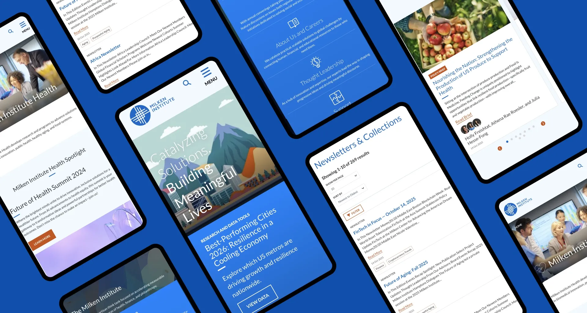 Mobile screens of the Milken Institute website.