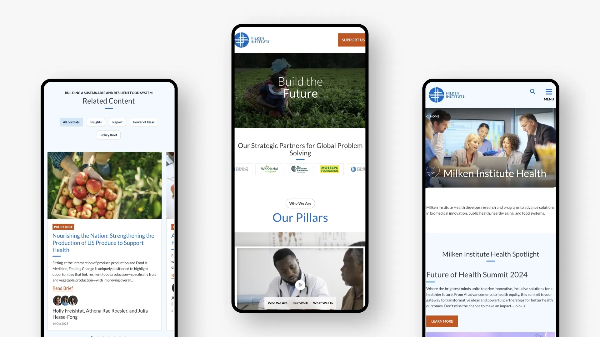 Three smartphone screens display Milken Institute web pages.