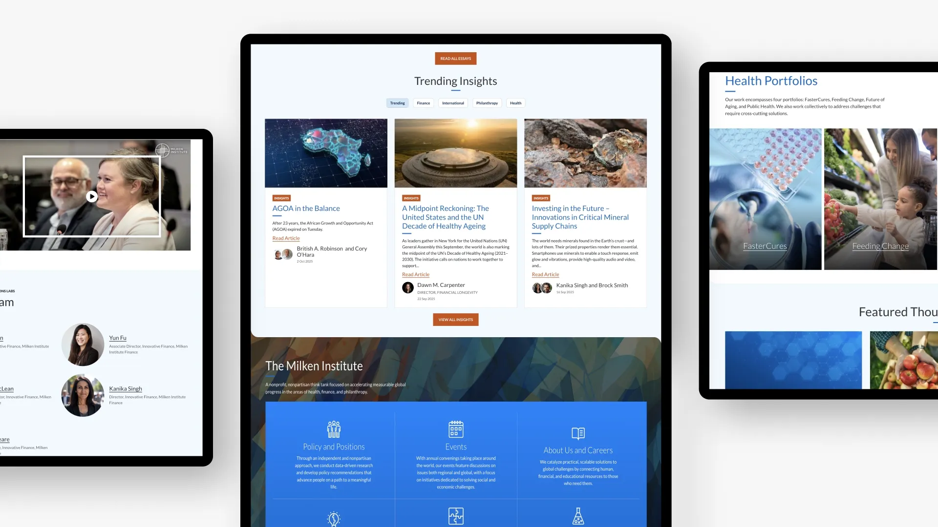 Tablet screens displaying Milken Institute pages with articles, profiles, and a blue footer.