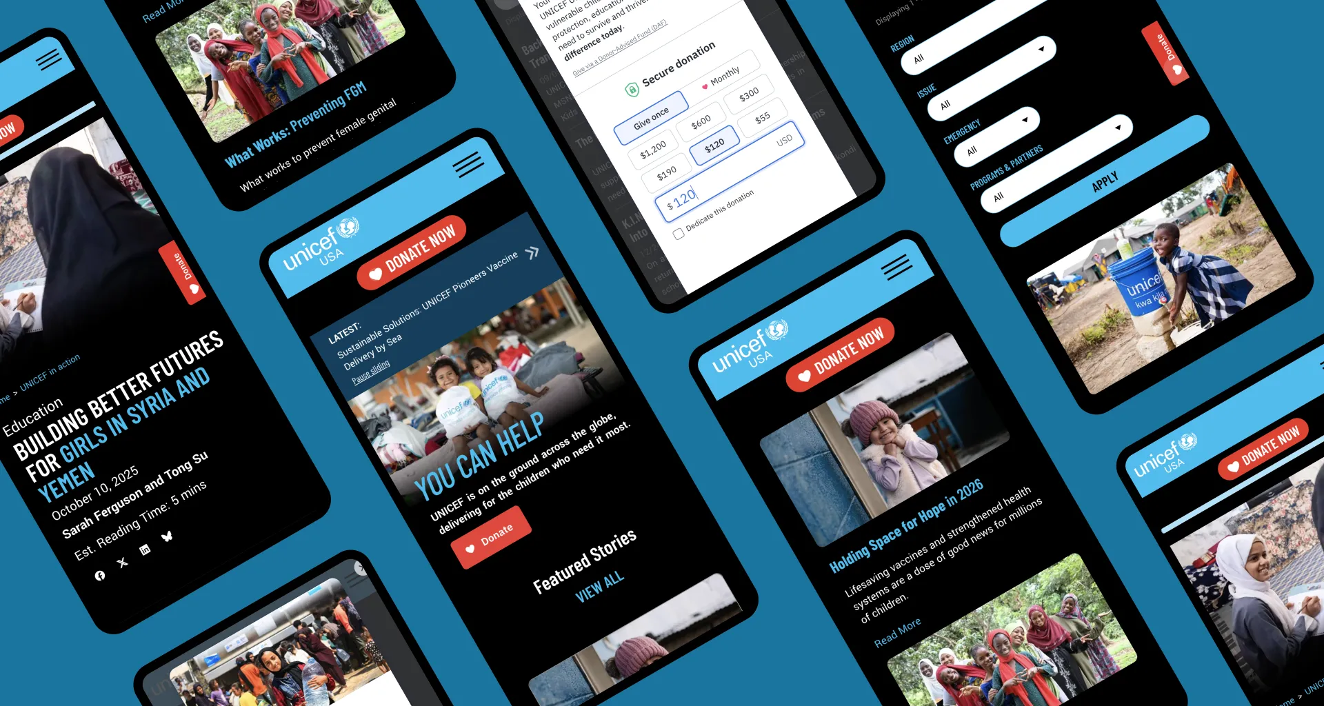 Collage of mobile screens from UNICEF USA site with smiling children and donate now buttons..