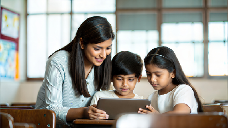 Teacher helping two children with a tablet in a classroom.