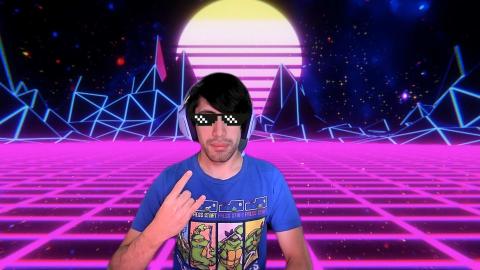 Justin Redfearn a light skinned male with black hair, headphones, wearing cool shades and a blue shirt with ninja turtles making a rock and roll sign with his hand in front of a zoom background of neon pink lines with a sunset