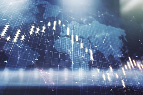 A digital rendering of a world map overlaid with different charts, graphs, and other data visualizations.