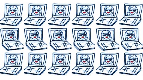 Blue line drawing of a laptop with cartoon face wearing sunglasses and smiling with a red mouth