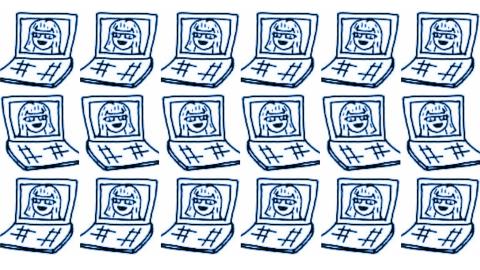Blue line drawing of a laptop with cartoon face wearing glasses and smiling