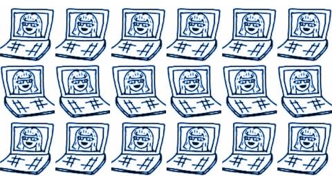 Blue line drawing of a laptop with cartoon face wearing glasses and smiling