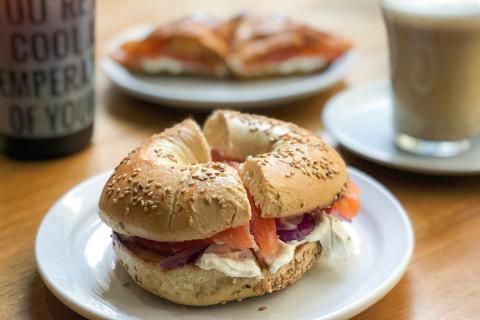 A bagel with cream cheese and lox