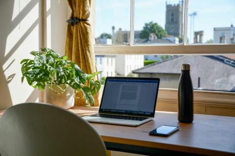 A laptop in a home office with water bottle and plant