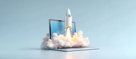 Rocket launching from a laptop in a light blue setting