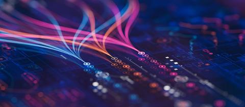 Glowing data lines on a dark circuit board background.