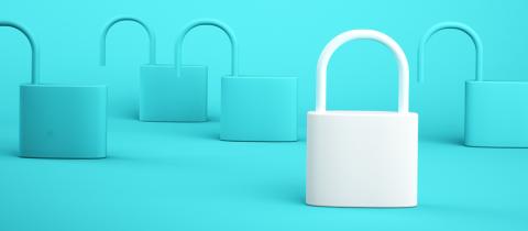  White locked key lock with numerous blue, open locks on blue background.