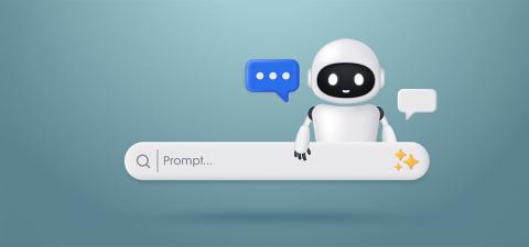 AI robot with a search engine bar and speech bubble. Concept of AI and machine learning. Generative bar. Input prompt as commands for search