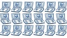 Blue line drawing of a laptop with cartoon face wearing glasses and smiling