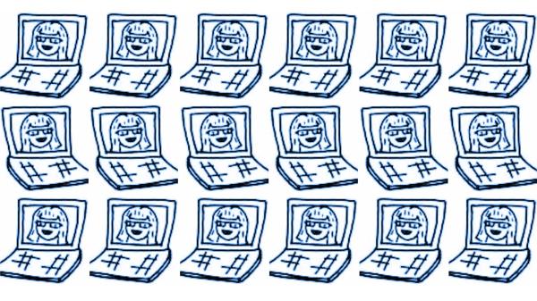 Blue line drawing of a laptop with cartoon face wearing glasses and smiling