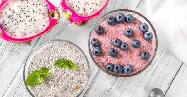 mixed berries and chia seeds in bowls