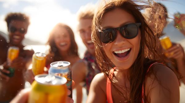 Woman with a group on the beach enjoying canned beverages