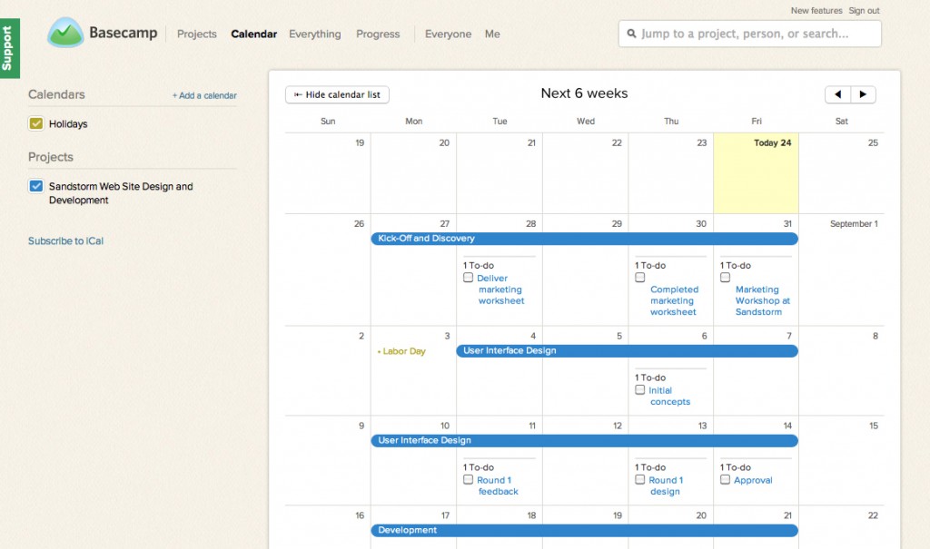 A screenshot of an older version of the Basecamp website calendar.